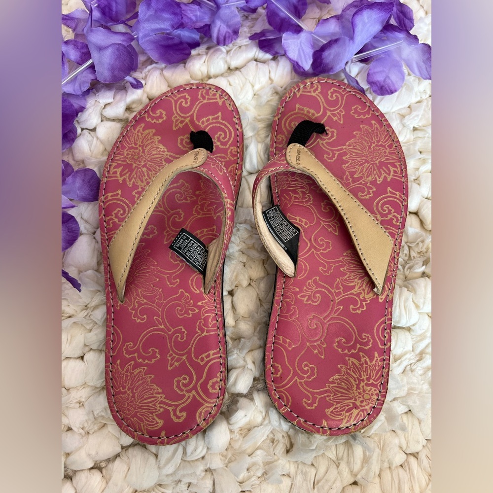 Teva Pink floral river leather flip-flops Sandals